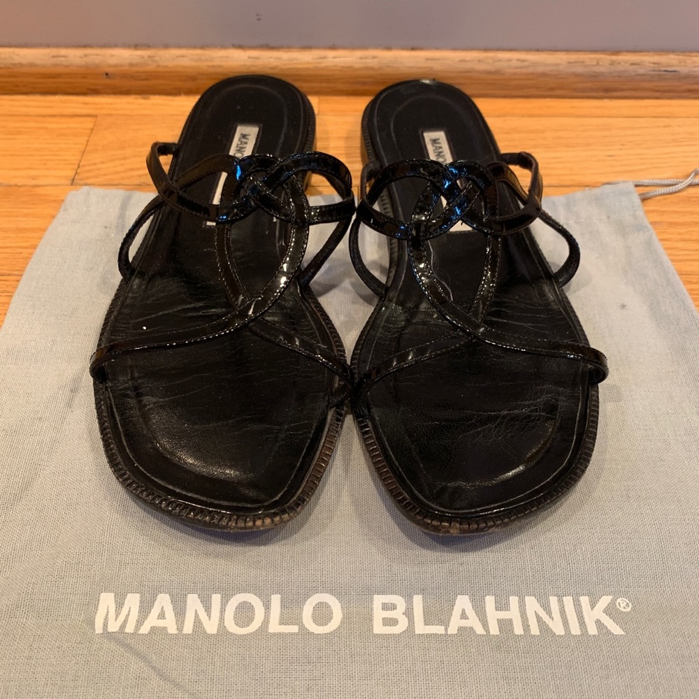 Manolo Blahnik Black patent strappy sandal sz 37.5